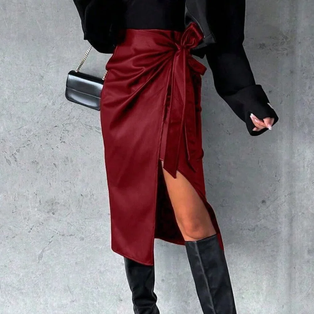 Red Elegant Women's High Waist Slit Lace-Up Punk Style Skirt